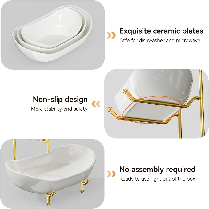 3 Tier Ceramic Fruit Bowl for Kitchen Counter – Fruit Basket with Gold Metal Stand , Fruit Holder for Snacks, Nuts, Cakes, Desserts, Bread, Candy Storage