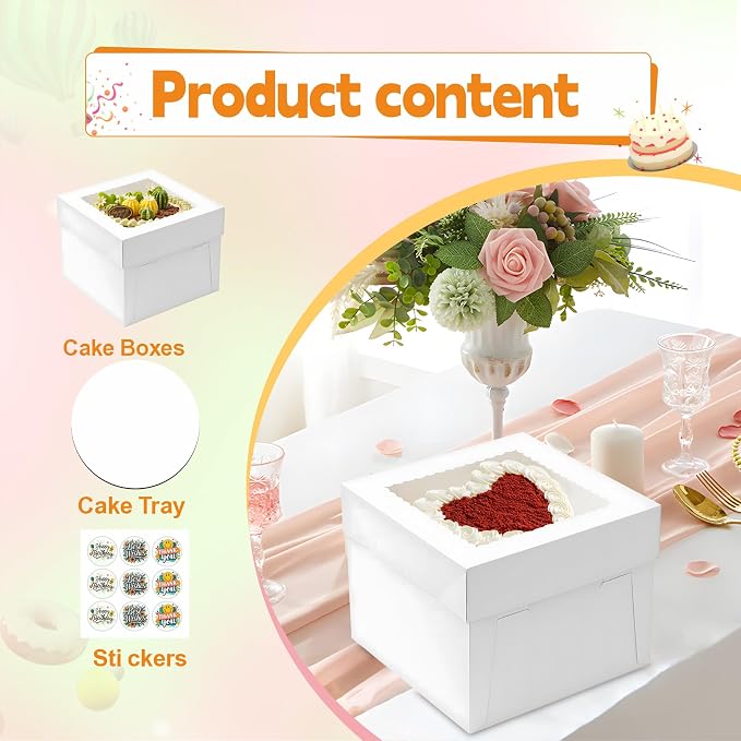 7pcs Cake Boxes, 10x10x8 Inch Cake Box With Viewing Window and Cake Board and Stickers, Tall Cake Box, Suitable for Birthday, Party, Wedding, Banquet