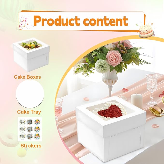 15pcs Cake Boxes, 10x10x8 Inch Cake Box With Viewing Window and Cake Board and Stickers, Tall Cake Box, Suitable for Birthday, Party, Wedding, Banquet