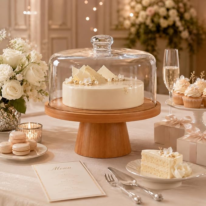 Bamboo Cake Stand with Glass Dome Lid, 12 Inch Wooden Cake Holder with Magnetic Base, Detachable Serving Tray for Cake, Cheese, Charcuterie, Snacks, Desserts, Party & Kitchen Display