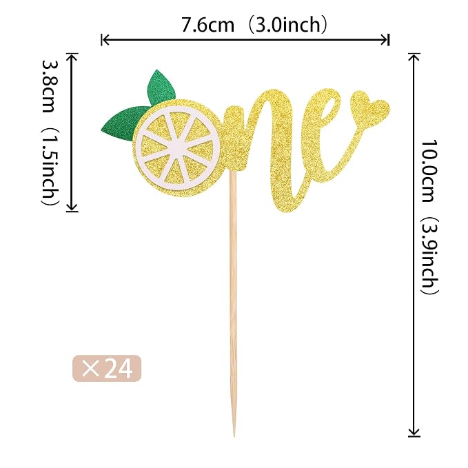 24 PCS Lemon One Cupcake Toppers Glitter Fruit Lemonade First Birthday Cupcake Picks for Lemon Theme Baby Shower 1st Birthday Party Cake Decorations Supplies Gold