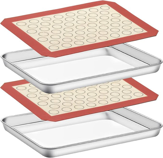 Baking Sheet with Silicone Mat Set of 4 [2 Sheets + 2 Mats], Deedro Stainless Steel Cookie Sheet Baking Pan with Silicone Baking Mat, 12 x 10 x 1 Inch, Non Toxic, Heavy Duty, Easy Clean