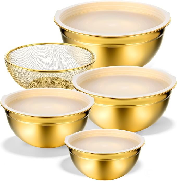 5 Pack Gold Mixing Bowls with Airtight Lids, Stainless Steel Mixing Bowl Set with Colander, Gold Nested Bowl, Metal Nesting Organizers, for Baking Prepping and Serving Food, Size 1.5, 2.0, 2.5, 4.0 Qt