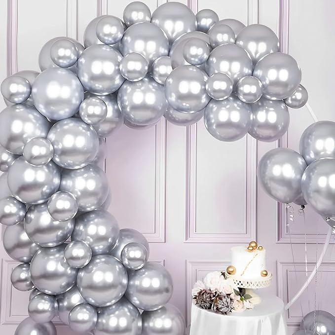 Voircoloria 105pcs Metallic Silver Balloons 12inch Party Latex Balloons for Birthday Graduation Baby Shower Wedding Anniversary New Year Party Decorations