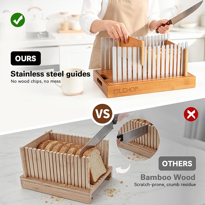 Bread Slicer for Homemade Bread - Bread Cutter Board with Adjustable Width Stainless Steel Slicing Guides & Crumb Tray, Bread Cutter for Sourdough, Bagel, Loaves (Bamboo+Stainless steel)