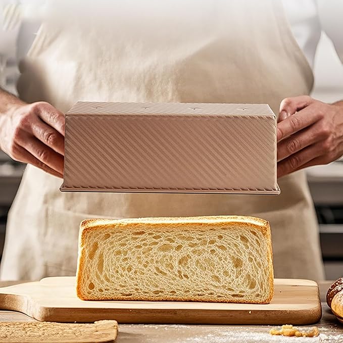 Pullman Loaf Pan with Lid, 2.2 lb Dough Capacity Bakeware for Baking Bread, Carbon Steel Corrugated Bread Toast Mold with Cover