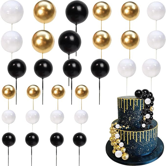 24 PCS Balls Cake Toppers - Ball Shaped Cupcake Toppers & Mini Balloons Cake Decorations for Wedding, Baby Shower & Birthday Parties - Black, White & Gold