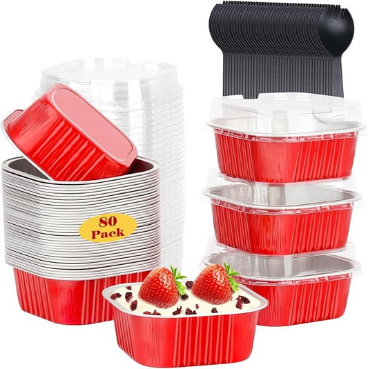 LNYZQUS 10oz/80pack Mini Cake Pans with Lids, 4”X4” Small Cake Pan Foil Brownie Muffin Tins, Square Disposable Baking Cups Dessert Cheesecake Containers for Christmas-Red