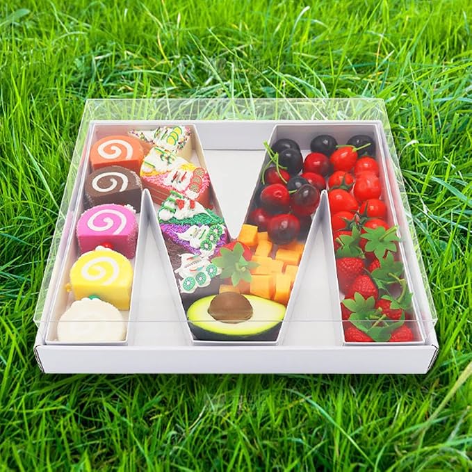 WENPACK 12.5" Cardboard Letter Shaped Mache Charcuterie Strawberries Fillable Sweets Decorative Box with Clear Lid (White, M)