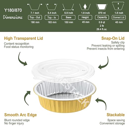 29oz Round Aluminum Foil Containers with Lids, 5 Pack | 7 Inch Round, Heavy Duty Foil, Ideal for Food Storage, Meal Prep and Soup
