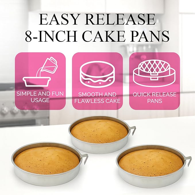 Aunt Shannon's Kitchen 8 Inch Round Cake Pans, 3 Pack, Silver Cake Pan with a Built-in Swivel Blade, Easy Release Cake Pans Set for Baking, Baking Pans Set for 3-Layer Cake, Dishwasher Safe