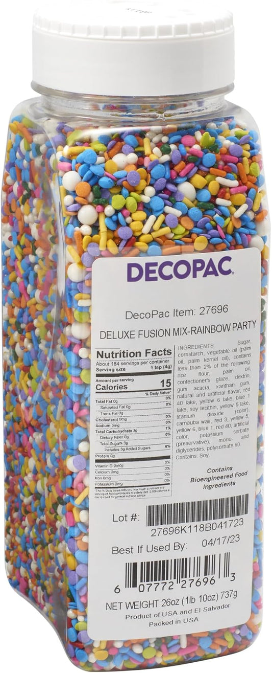 DecoPac Rainbow Party Fusion Mix Sprinkles, 26oz, Shaped Candy Sprinkles in Handheld Container, Magical Edible Decorations For Celebration Cakes, Cupcakes, Cookies and Donuts