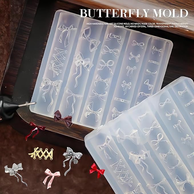 Bow Nail Art Silicone Mold for Acrylic Nails, 3D Ribbon & Lace Nail Charms Mold, Flexible Reusable Silicone Mold for Nail Art Decoration, DIY Nail Accessories for Gel Acrylic Resin