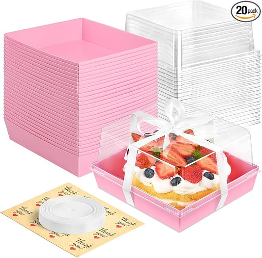 Kucoele Cake Boxes with Clear Lids, 7 x 7 x 4 Inches, 20 Pack, Pink | Disposable, Square Charcuterie Boxes, To Go Food Containers, For 4-6 Inch Cake, Jumbo Cupcakes, Bakeries