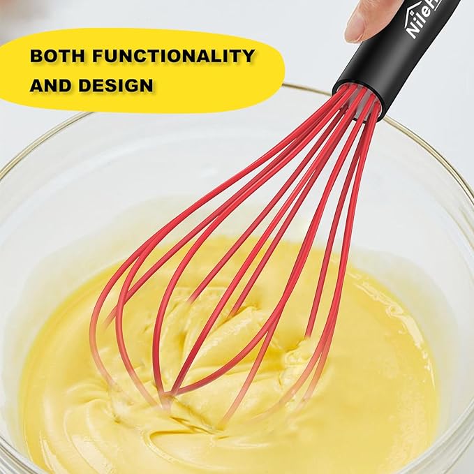 NileHome Silicone Whisk Set 8" 10", 2 Pack Kitchen Whisk Kitchen Wisk Wire Whisks for Cooking, Whisking, Blending, Beating, Stirring-Red