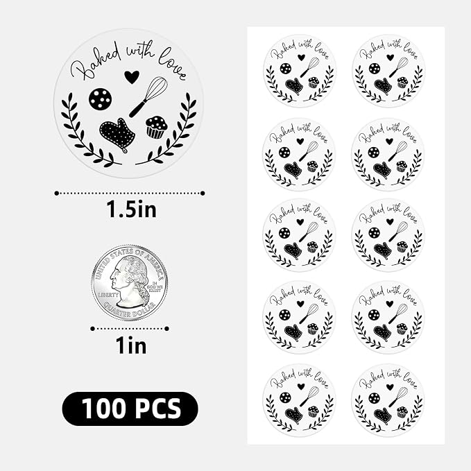 100PCS Baked with Love Stickers,1.6" Round Black Foil Baking Labels for Cookies, Candy Table, Bakery Packaging, Unique Touch to Your Business and Homemade Cookies, Dessert Table Decor (Black)