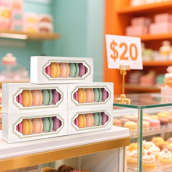 Nicunom 50 Pack Macaron Boxes with Clear Window, Small Macaron Packaging Container Pastry Cookie Candy Strawberry Boxes for 5 Bakery Cocoa Truffle Dessert Wedding Gift