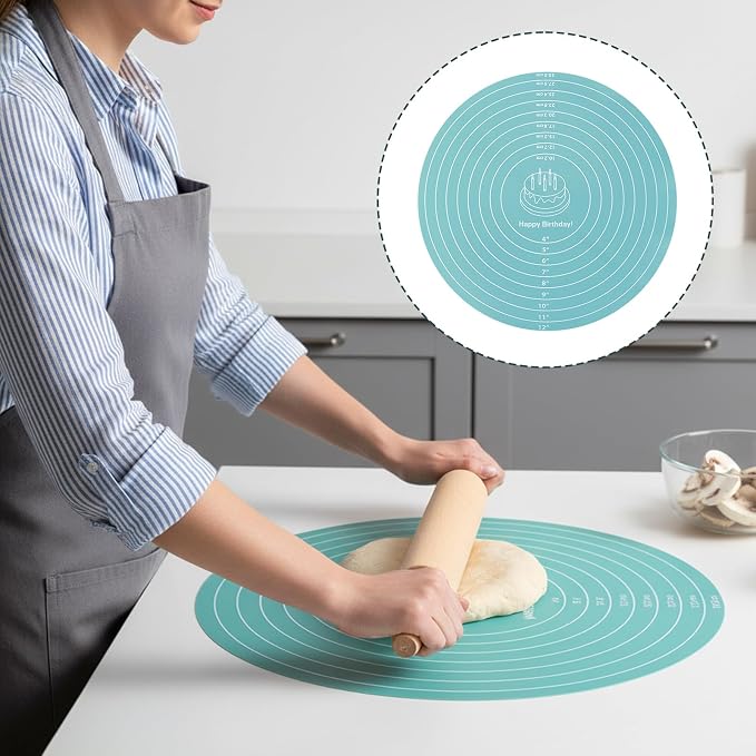 Round Silicone Baking Mat, 11.8In Baking Mat for Rolling out Dough, Round Silicone Mats, Heat Resistant Pastry Bakings Mats with Size Measurement Specification, Non-Stick, Blue