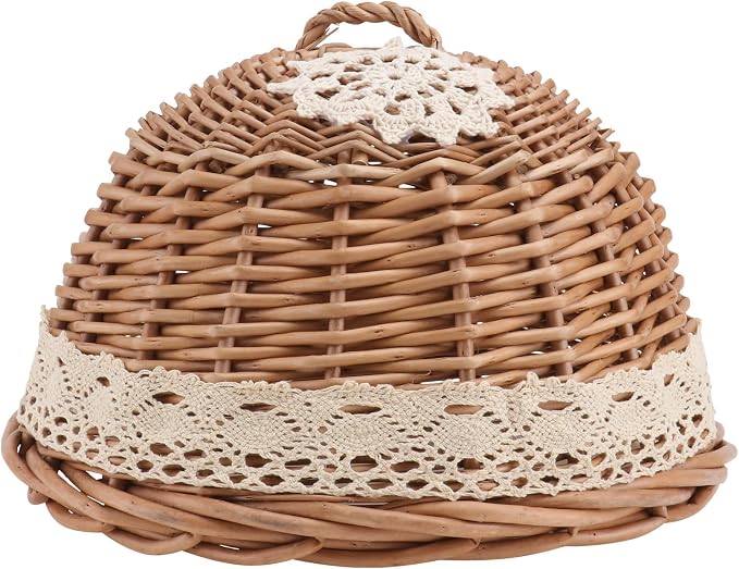 SHINEOFI Hand-woven Rattan Food Protective Cover Basket, Natural Wood Color, Kitchen Storage Organizer for Bread and Pantry, 1pcs Woven Serving Dish Protector