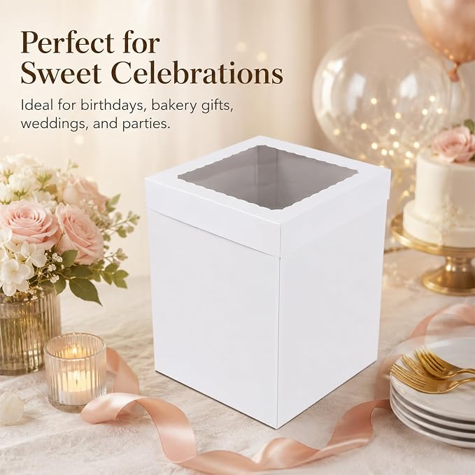 JCD Heavy-Duty 8x8x10inch Corrugated Cake Boxes Fits 6in Double Layer Cakes | White thick shockproof corrugated boxes anti-collapse; 10in extra height fits birthday cake toppers,bakery cake packaging