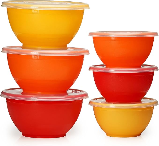 Stephanie Imports Made in USA 6-Piece Set of Prep & Store Plastic Bowls with Clear Lids (BPA-Free and Dishwasher Safe) - Orange, Red and Yellow