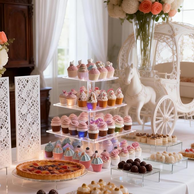 4 Tier Acrylic Cupcake Tower Stand, Clear Square Dessert Treat Display, Cake and Cupcake Stand Set, Candy Bar Party Décor, Bases Para Cupcakes for Birthday Wedding Party…