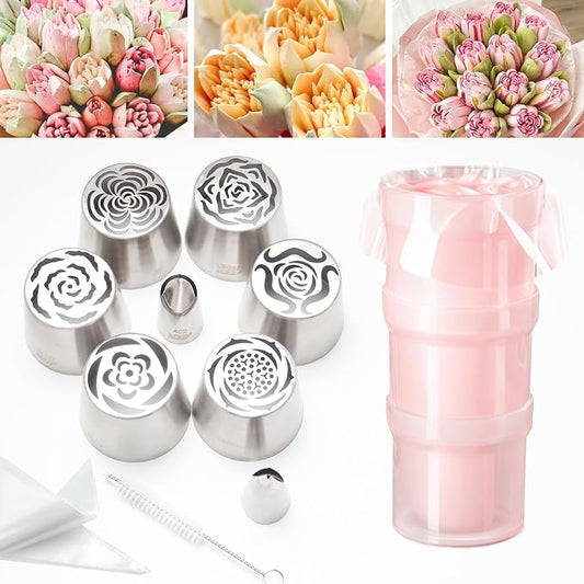 20-Piece Extra Large Flower Nozzle Set, Stainless Steel Rose Cotton Candy Flower Nozzle, Includes 6 Extra-Large, 2 Leaf Nozzles, 1 Brush, 10 Piping Bags, 1 Piping Bag Filling Aid Baking Tool