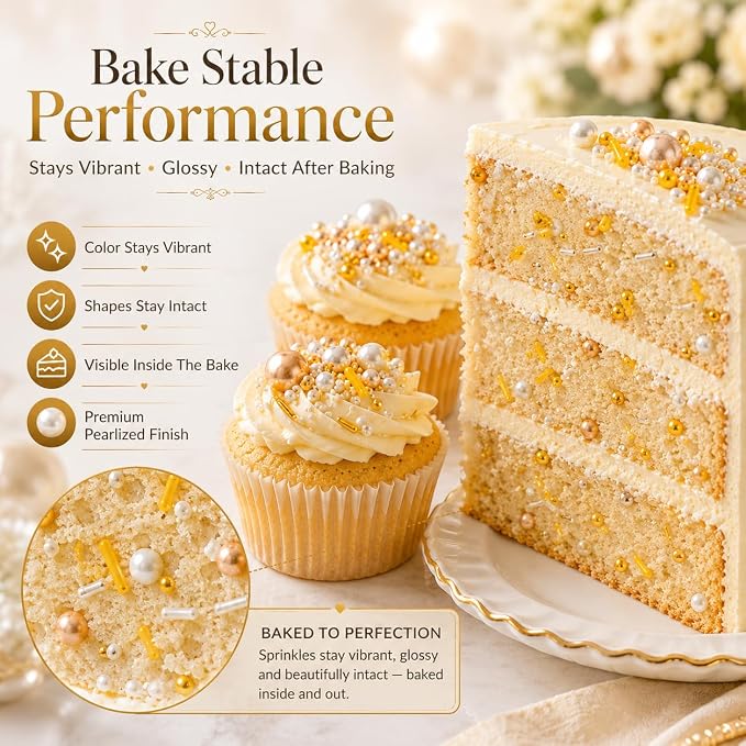 Confect Gold Pearl & Rod Sprinkles Mix – Metallic Edible Pearlized Sugar Balls for Cake Decorating, Cupcakes & Desserts | Vegan, Gluten-Free, Nut-Free, Soy-Free, Dairy-Free, Palm Oil-Free- 4.2 Oz