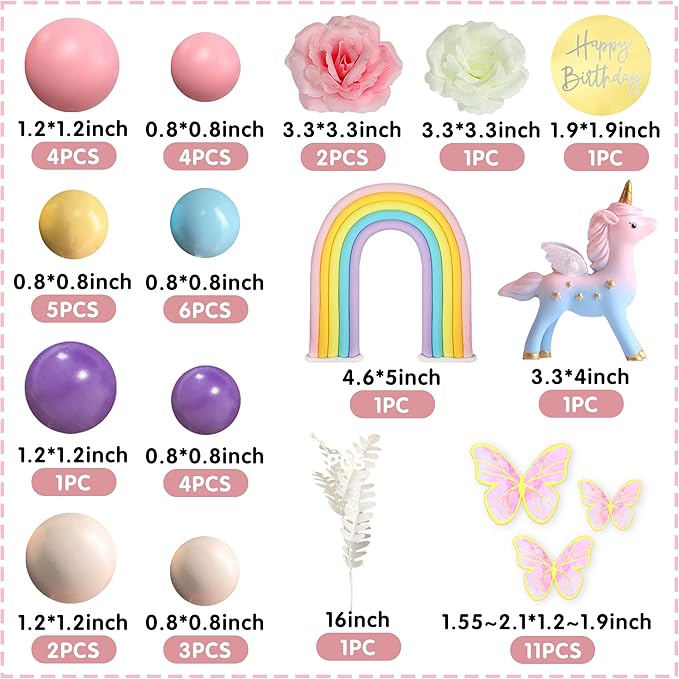 47 PCS Unicorn Cake Topper Unicorn Rainbow Cake Decorations with Rainbow Butterflies Unicorn Balls Happy Birthday Cake Decorations (Style 2)