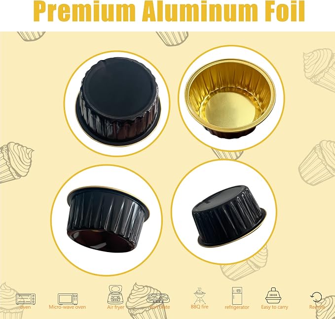 100Pcs Aluminum Cups with Lids,5oz Disposable Ramekin Baking Cups Muffin Liners Mini Pie Pans Foil Cupcake Containers for Christmas Party Wedding,Black Gold