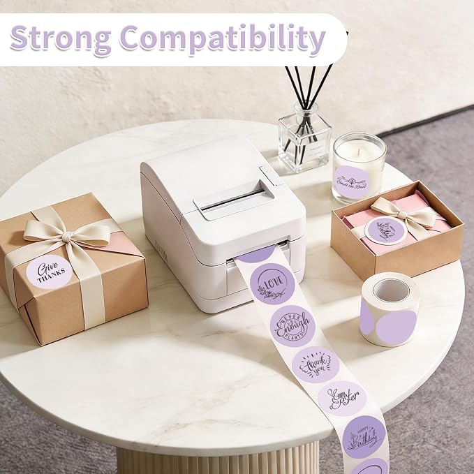 500 Labels/Roll 2" Purple Round Thermal Labels, Waterproof Circle Blank Thermal Sticker Compatible with Direct Thermal Label Printers for DIY Logo Designs, Thank You, Small Business