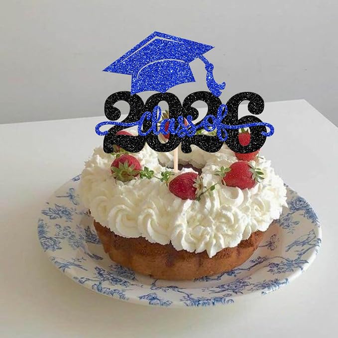 1 Pack Class of 2025 Cake Topper Glitter Congrats Grad Cap 2025 Graduation Cake Pick for 2025 Graduation Theme High School Boys Girls Graduate Party Cake Decorations Supplies Black Blue