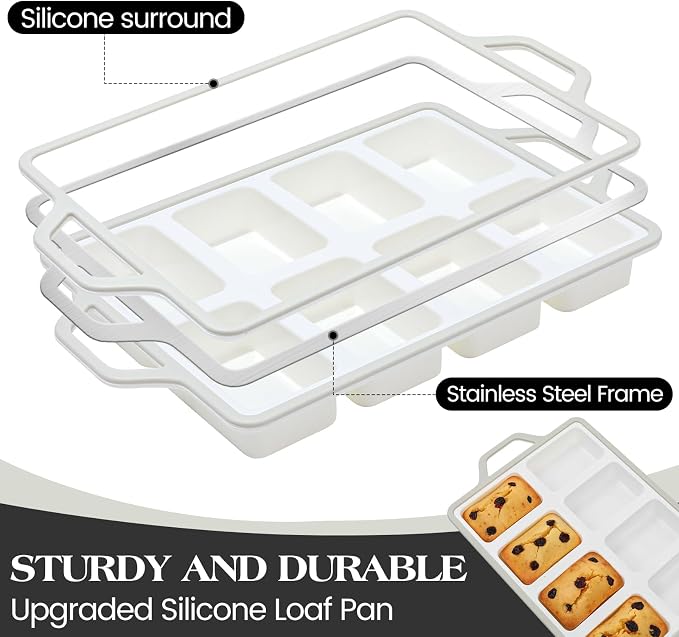 Vinino 2 Pack 8-Cavity Mini Silicone Loaf Pans Gray for Savory Meal Prep | 16 Cavities Mini Loaf Set, Perfect for Savory Bites, Meal Prep Portions, Baked Oatmeal & Understated Small Batch Baking