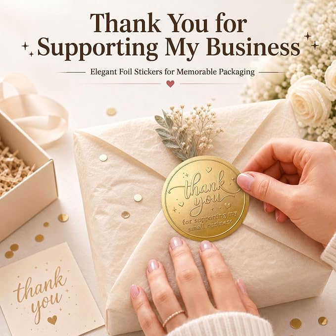 100PCS Thank You for Supporting My Small Business Stickers,Matt Gold Foil Labels for Boutique Packaging, Bakery Boxes, Dessert Treat Bags, Shipping Mailers, Handmade Sellers & Small Shops.1.6 inch
