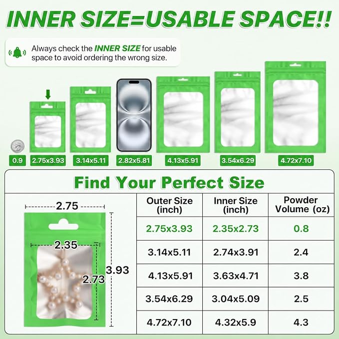 ANZNKU 100 Pack Lime Green Resealable Mylar Bags with Frosted Clear Window 2.75x3.93", Smell Proof Sealable Packaging Bags Foil Pouch Bag for Food Jewelry Candy Treat Party Favor Storage Supplies