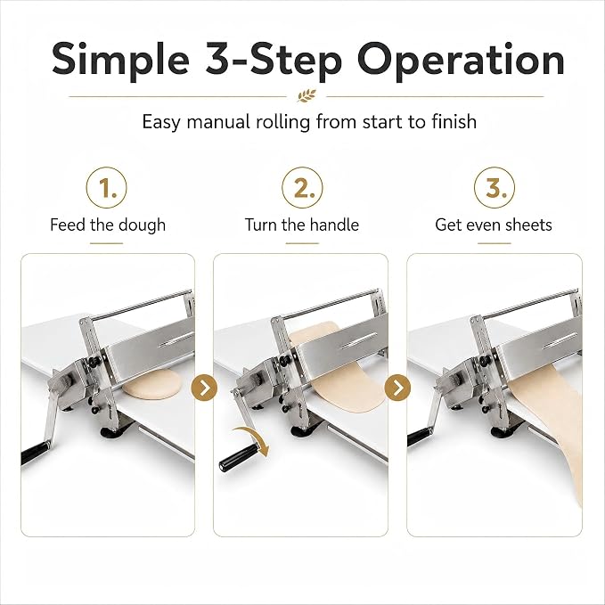 Manual Dough Sheeter Machine for Croissants & Pastry – Foldable Countertop Dough Roller Machine with 55 Thickness Settings (0–27mm), Stainless Steel Rollers for Home & Small-Batch Bakeries
