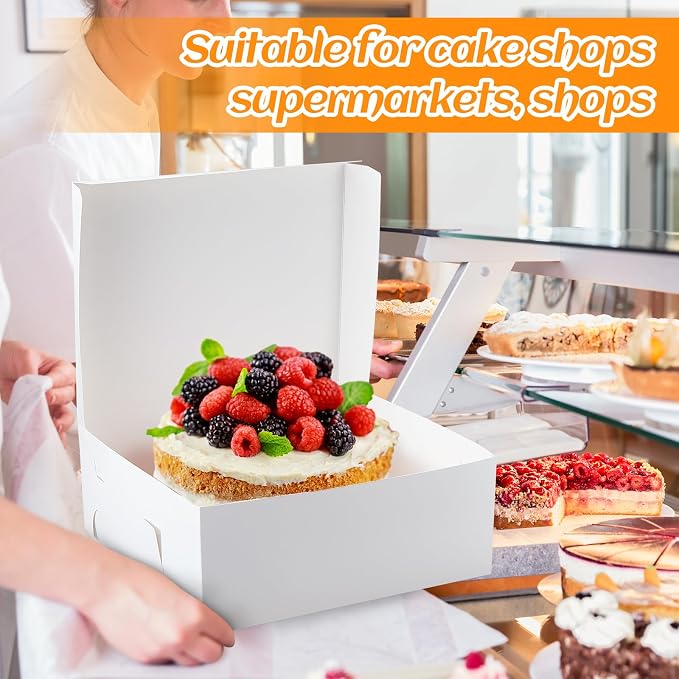 Ireer 50 Pack 14 x 10 x 3.5 Inch White Cake Boxes Cardboard Bakery Boxes for Pie Pastry Cookie