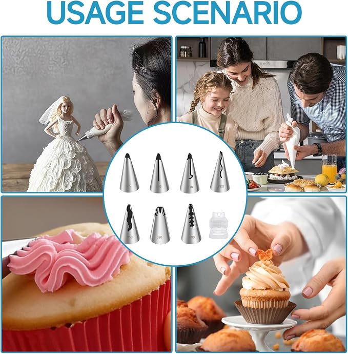 8 Pcs Pleated Skirt Piping Tips Set with Coupler, 304 Stainless Steel Russian Piping Tips, Cake Decorating Supplies for Ruffle Frosting, Cupcakes, Pastries, Fondant and Buttercream (Pleated Skirt)