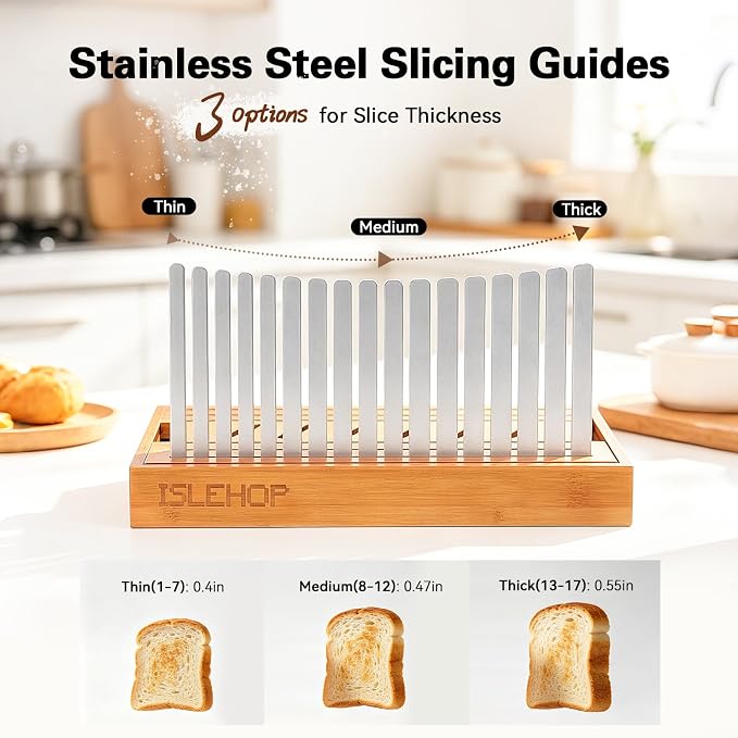 Bread Slicer for Homemade Bread - Bread Cutter Board with Adjustable Width Stainless Steel Slicing Guides & Crumb Tray, Bread Cutter for Sourdough, Bagel, Loaves (Bamboo+Stainless steel)
