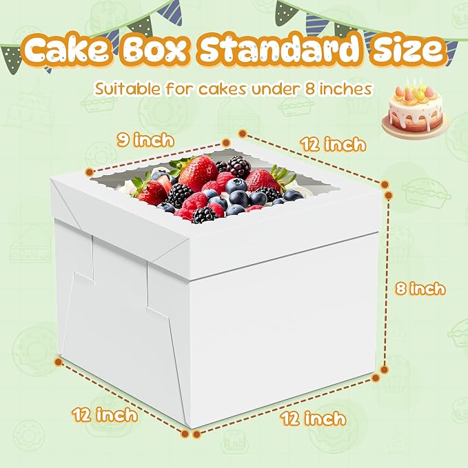 3 Pack Cake Boxes, 12x12x8 Inches Tall Cakes Box, White Cake Boxes with large Window, Square Bakery Box, Disposable Cakes Transport Containers, for Cake Cookie Dessert Pastry, Birthday Party, Weddings