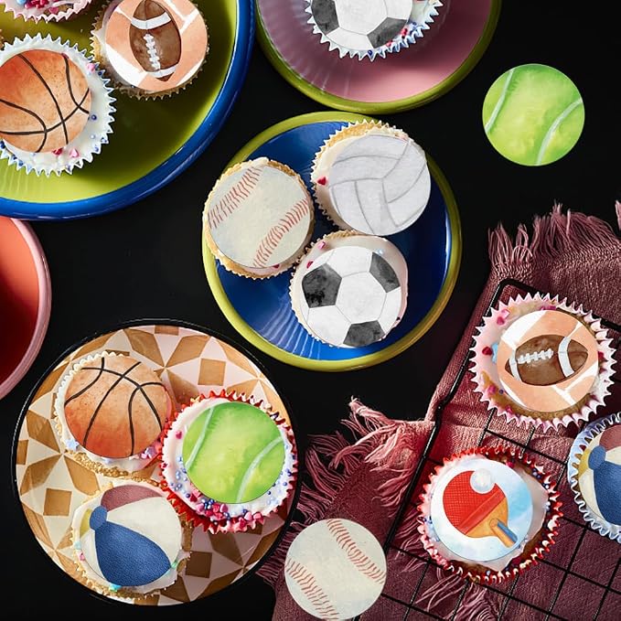 48PCS Edible Sports Cupcake Toppers Edible Basketball Soccer Baseball Tennis Rugby Cake Decorations for Sports Ball Game Theme Baby Shower Birthday Party Cake Decorations Supplies