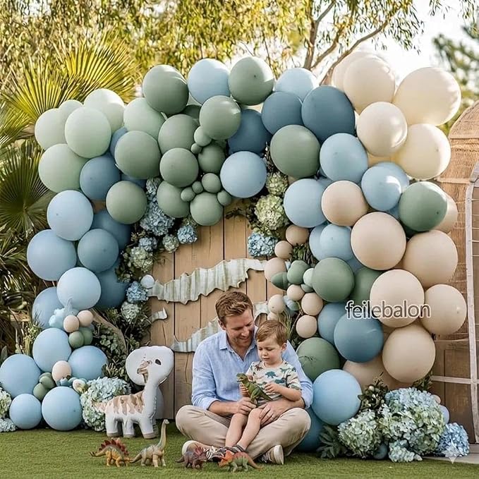 Dusty Blue Green Balloon Arch Kit Double Stuffed Pastel Light Sage Green Blue White Sand Beige Balloon Garland for Birthday Baby Shower One Silly Goose Dinosaur Wedding Ocean Party Decoration