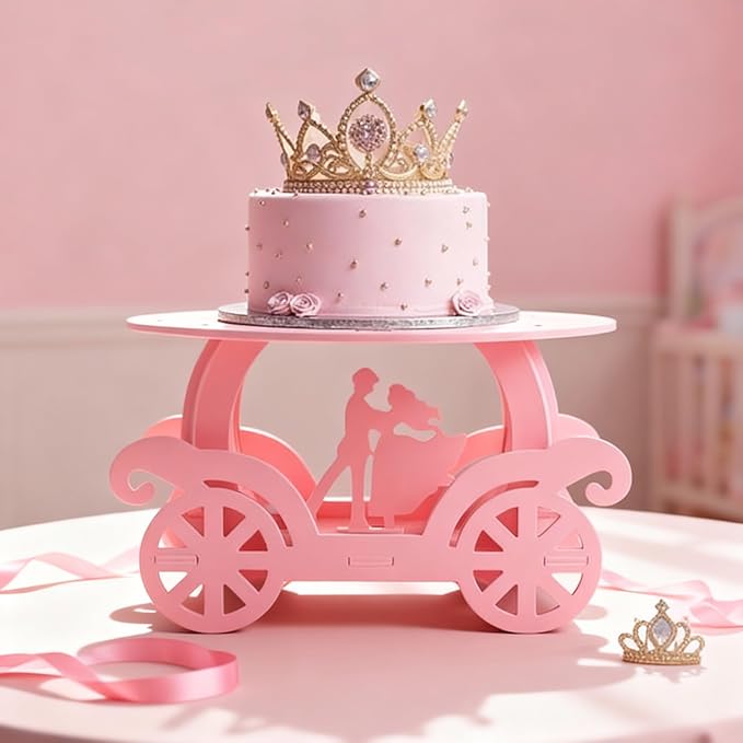 Lallisa 12" Pink Princess Cake Stand 3D PVC Cake Decorations with Prince and Princess Themed Holder Dessert Stand Centerpieces for Wedding Birthday Party Supplies