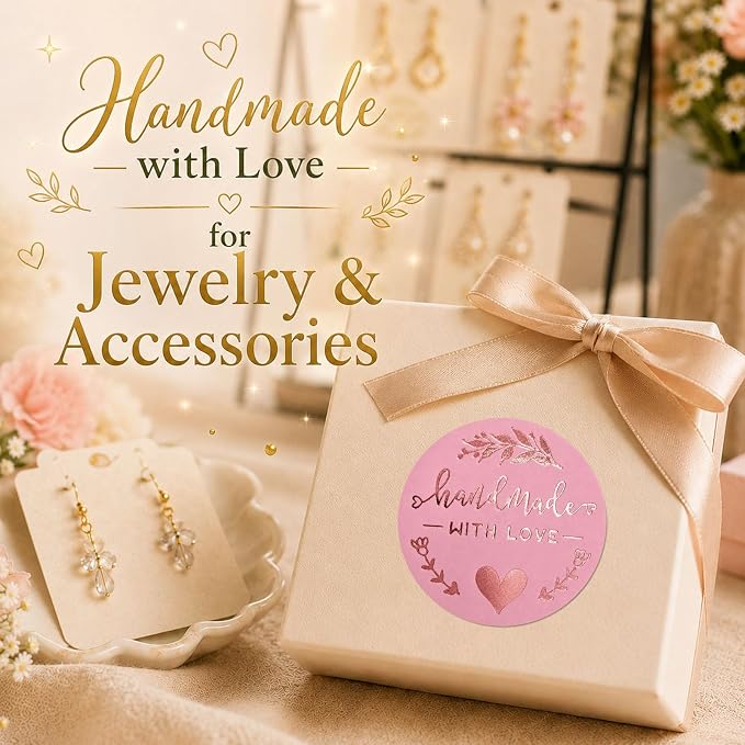 100PCS Handmade with Love Stickers, Rose Gold Foil Labels for Small Business Packaging, Bakery Cookies, Gift Wrapping, Candy Table, Wedding Baby Shower Party Favor Stickers.1.6 inch (Pink+Rose Gold)
