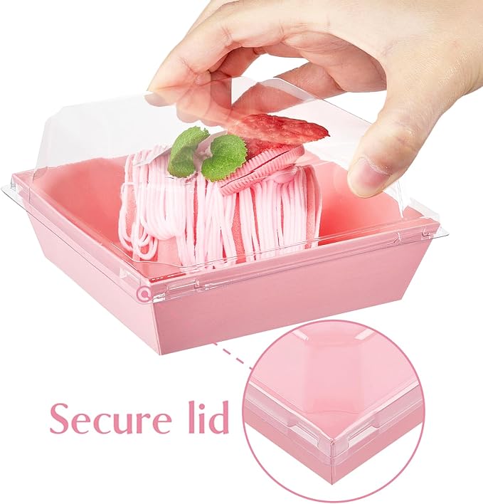 Ocmoiy Pink Charcuterie Boxes with Clear Lids 4x4 Inch, 100 Pack Square Kraft Bakery Cake Slice Boxes with Window, Dessert To Go Containers (100)