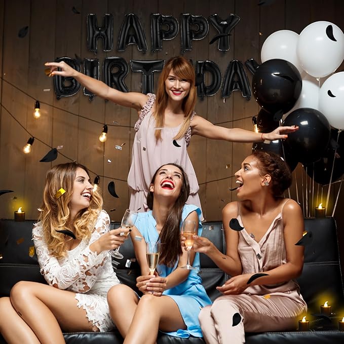 Black Happy Birthday Balloons Decorations Happy Birthday Letter Balloons Banner Set with 24pcs Round Flameless LED Candles and 2000pcs Artificial Rose Petals for Women Men Room Party Decor