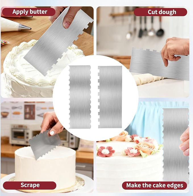 2 Pack 8.7 Inch Stainless Steel Cake Scraper, Double Sided Patterned Edge Stripe Edge Smoother Scraper Frosting Scraper Cake Decorating Comb for Mousse Butter Cream - Style 1