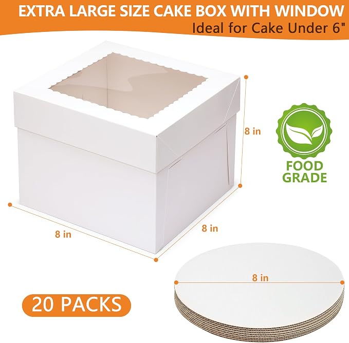 20 Packs Cake Box 8 inch with Cake Board and Clear Windows (10 Pcs Box + 10 Pcs Board) Disposable Cake Containers Bakery Take Out Container Cake Carrier for Cookies Pies (8x8x8inch)