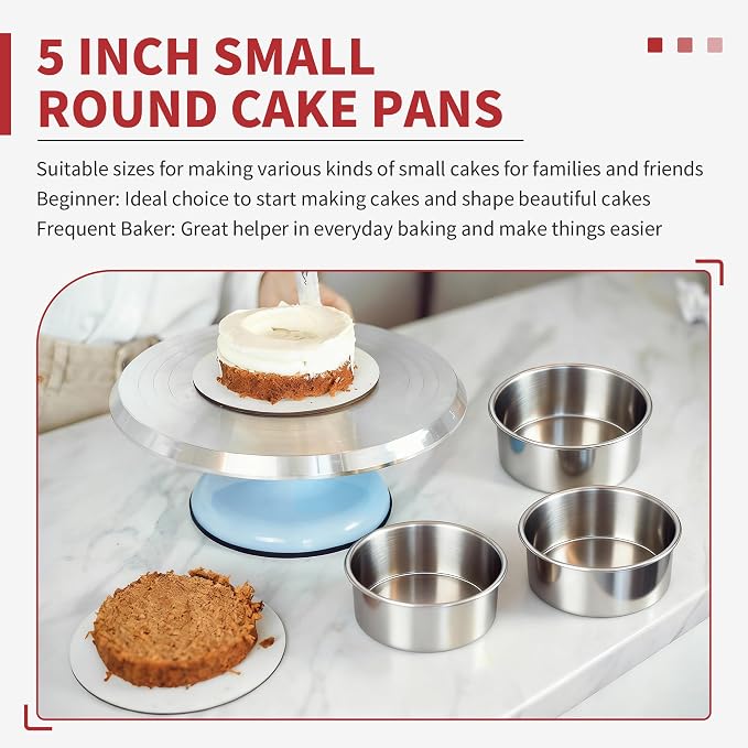 TeamFar 5 Inch Cake Pan Set of 6, Stainless Steel Small Layer Cake Baking Pans Tins, Round Bakeware for Birthday Wedding Party, Non-Toxic & Healthy, Mirror Finish & Dishwasher Safe