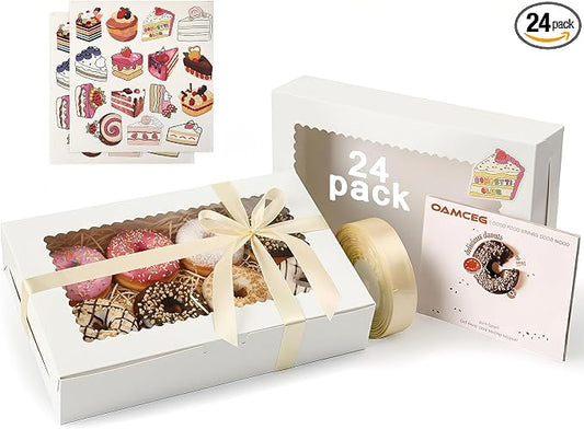 OAMCEG 24 Pack Cookie Boxes with Window, 12x8x2.5 Inch Bakery Treat Boxes for Christmas Holiday Gift Giving, Desserts, Donuts, Pastries-White